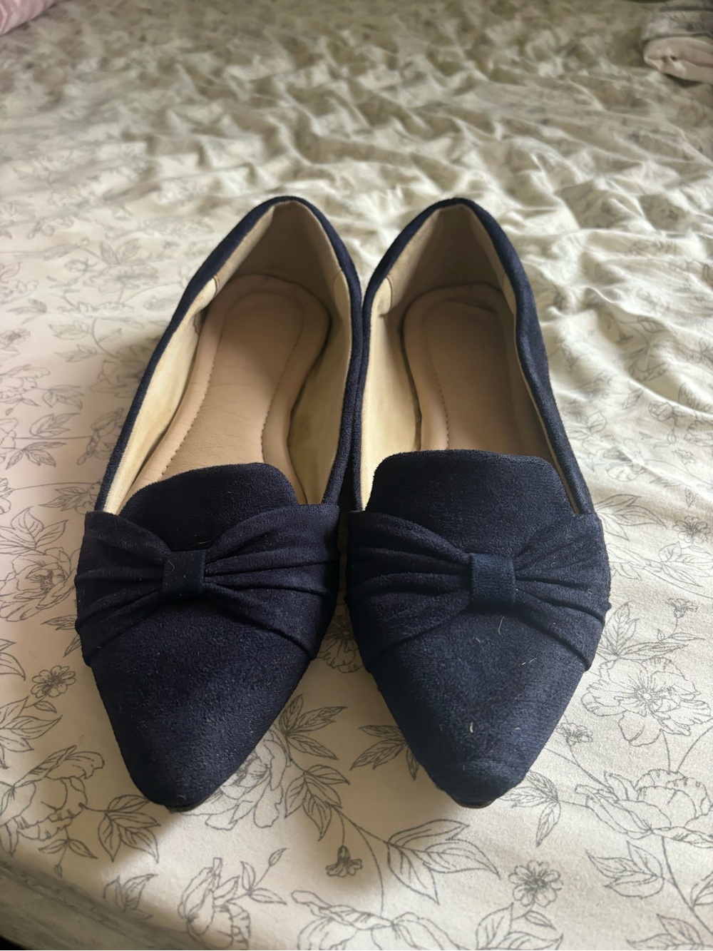 Navy Pointed Toe Bow Flats for Women